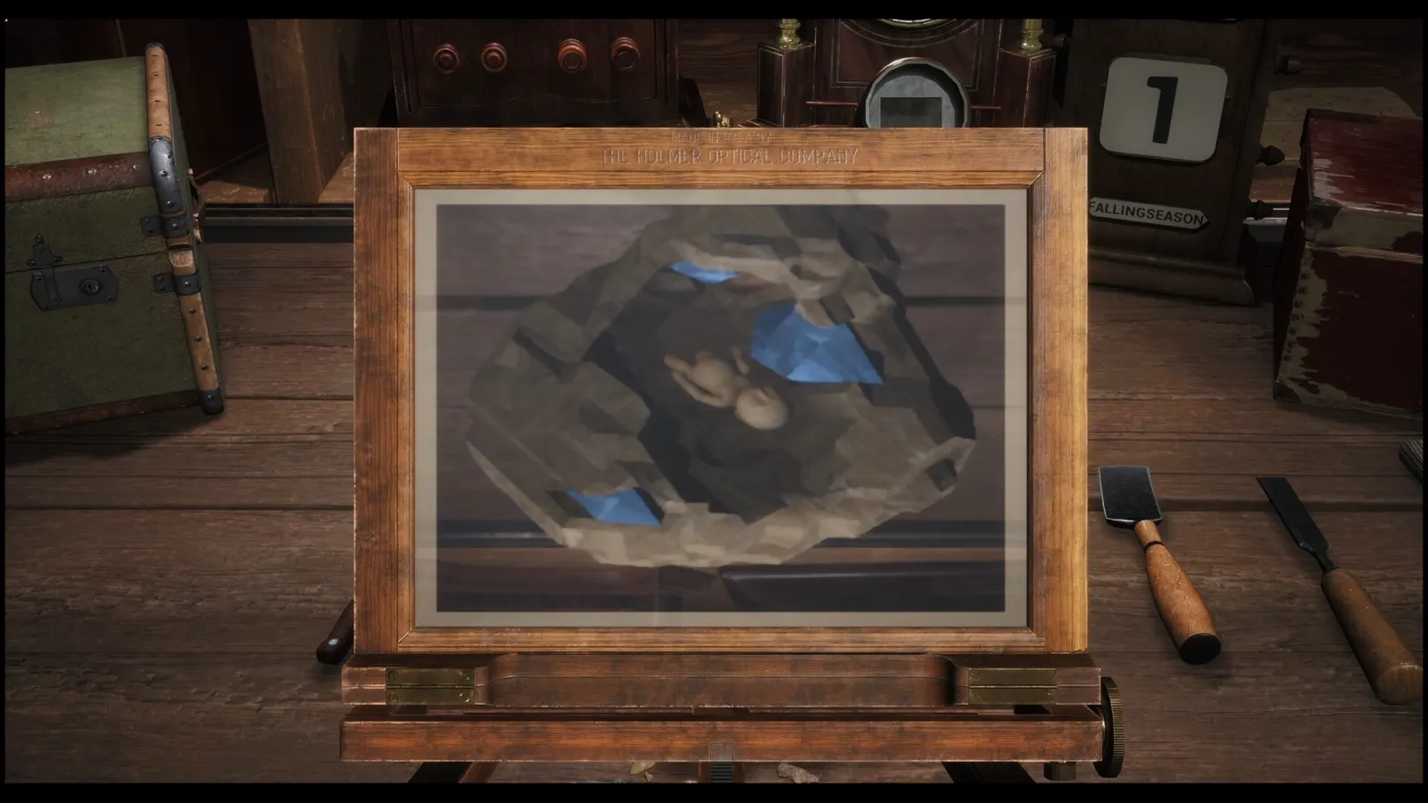 The Holmer Optical Company viewing easel displaying an occult geode anomaly with embryonic fossil inclusion