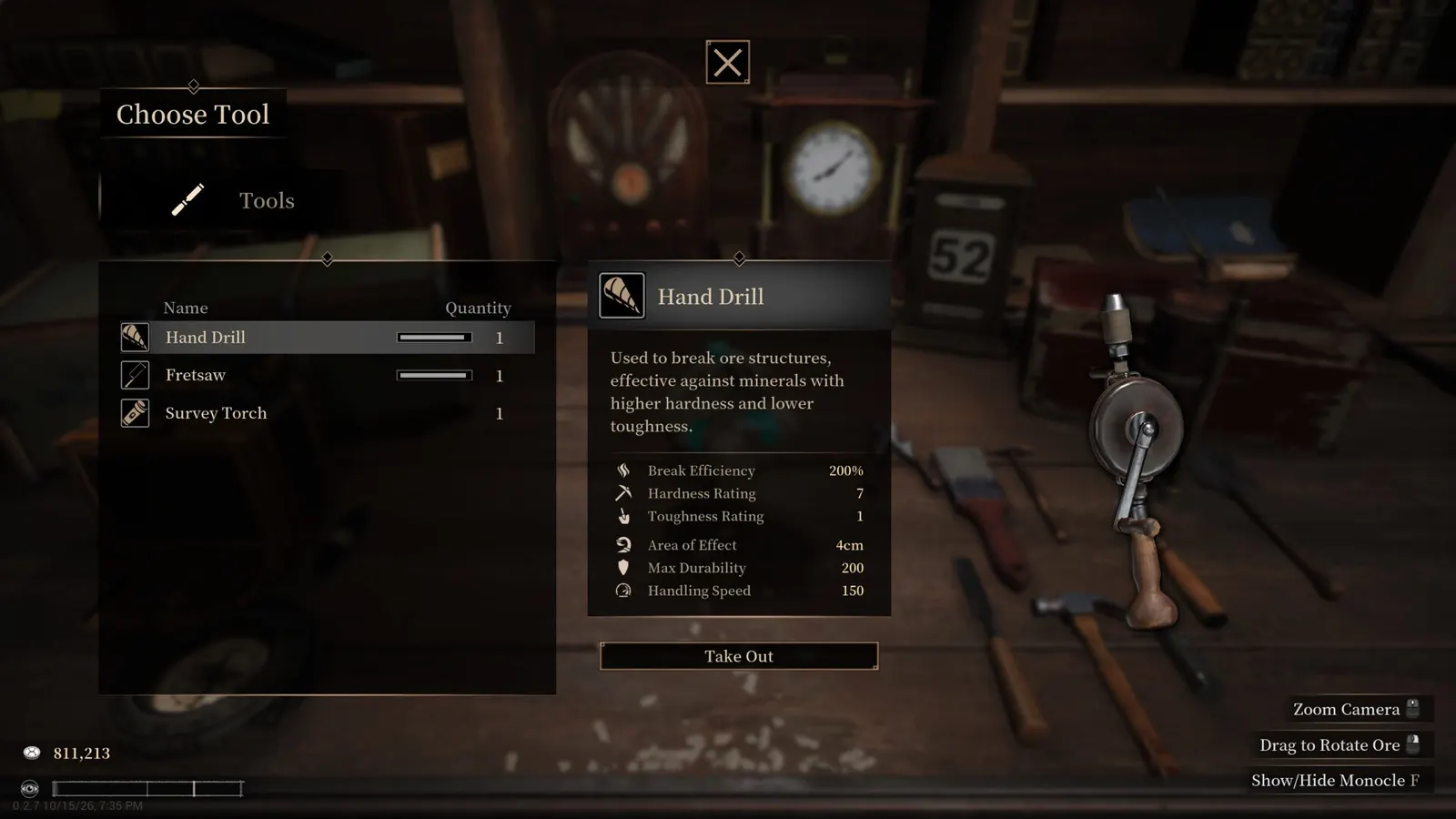 Lapidary tool selection interface showing Hand Drill stats, Fretsaw, and Survey Torch